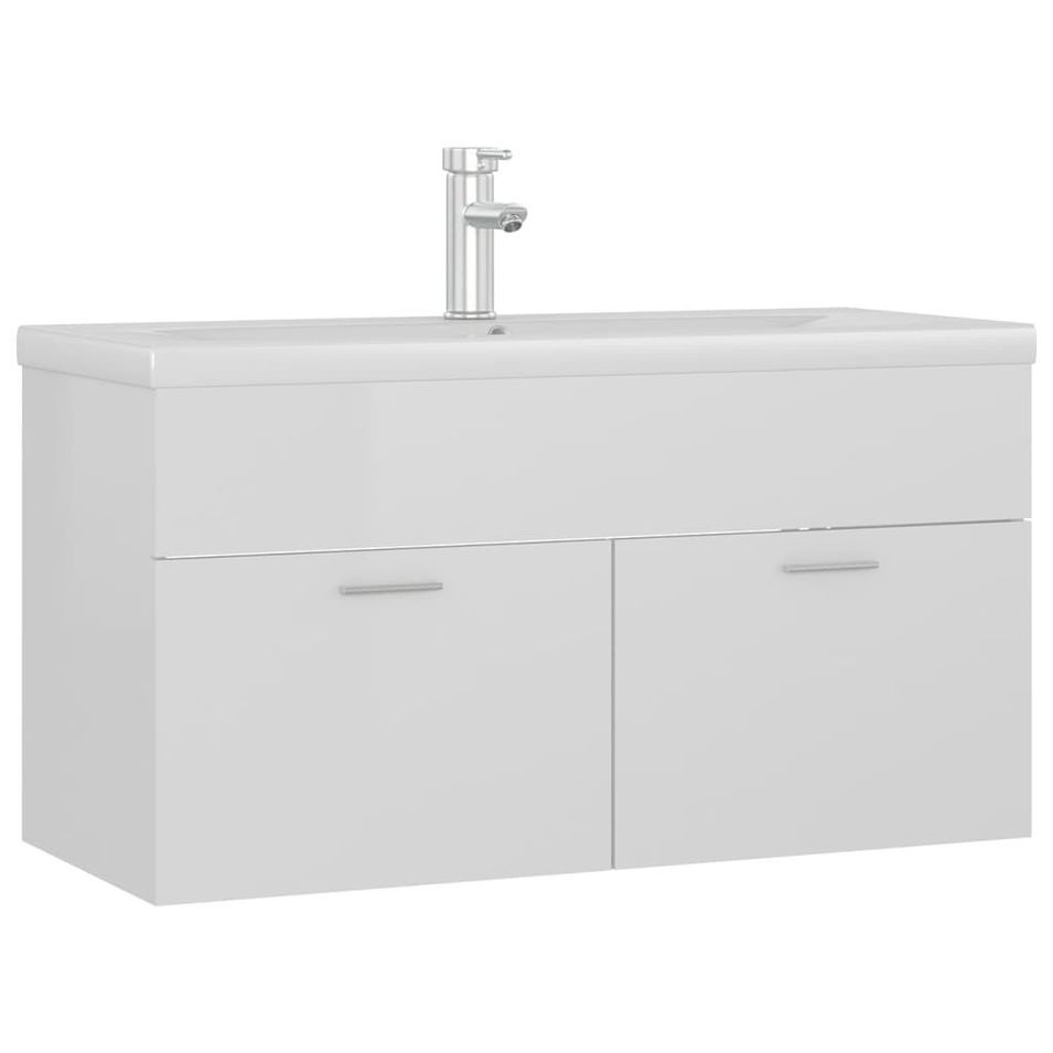Vasque avec lavabo intégré 90 cm Blanc brillant - Photo n°1