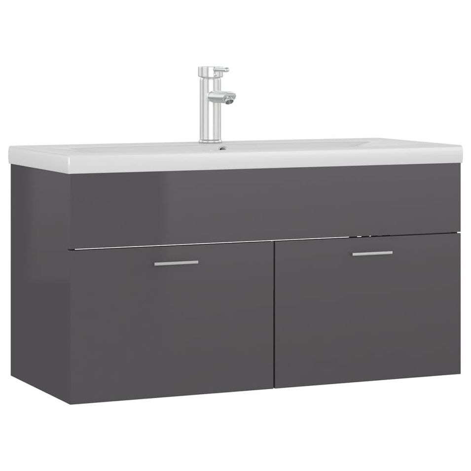 Vasque avec lavabo intégré 90 cm Gris brillant - Photo n°1