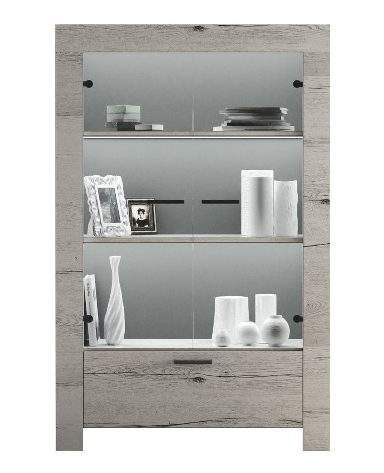 Vitrine 2 portes bois mélaminé chêne gris Saxo L 102 cm - Photo n°1