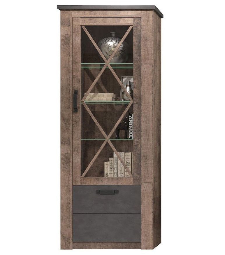 Vitrine 2 portes mélaminé chêne foncé et gris Aria - Photo n°1