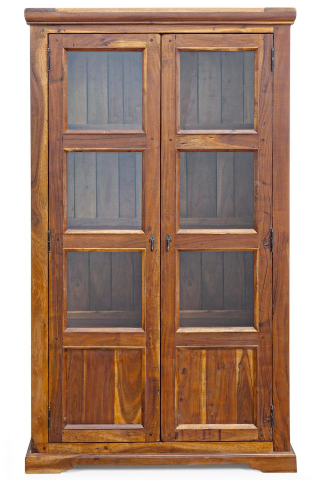 Vitrine 2 portes vitrées en bois d'acacia massif finition rustique marron Kastela 100 cm - Photo n°1