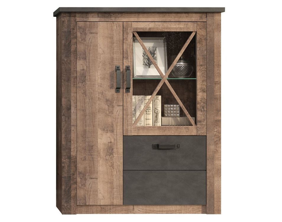 Vitrine 3 portes mélaminé chêne foncé et gris Aria - Photo n°1