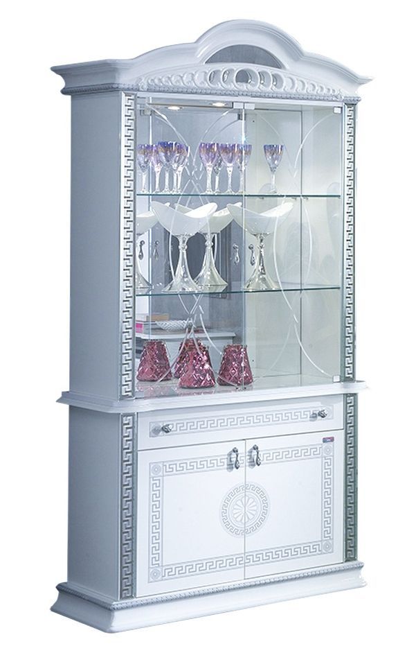 Vitrine 4 portes 1 tiroir bois vernis laqué brillant blanc et gris Venus 105 cm - Photo n°1