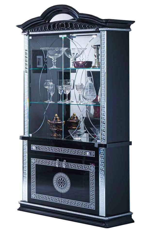 Vitrine 4 portes 1 tiroir bois vernis laqué brillant noir et gris Venus 105 cm - Photo n°1