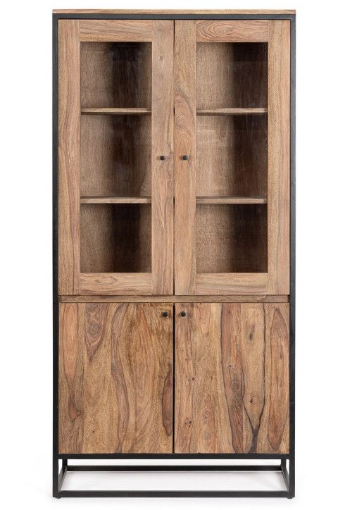 Vitrine 4 portes KLAZIK 88 cm bois clair de Sheesham et acier noir - Photo n°1