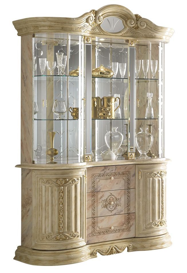Vitrine 6 portes 3 tiroirs bois vernis laqué brillant beige et onyx effet marbré Lesly 139 cm - Photo n°1
