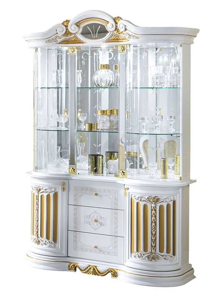 Vitrine 6 portes 3 tiroirs bois vernis laqué brillant blanc et doré Lesly 139 cm - Photo n°1