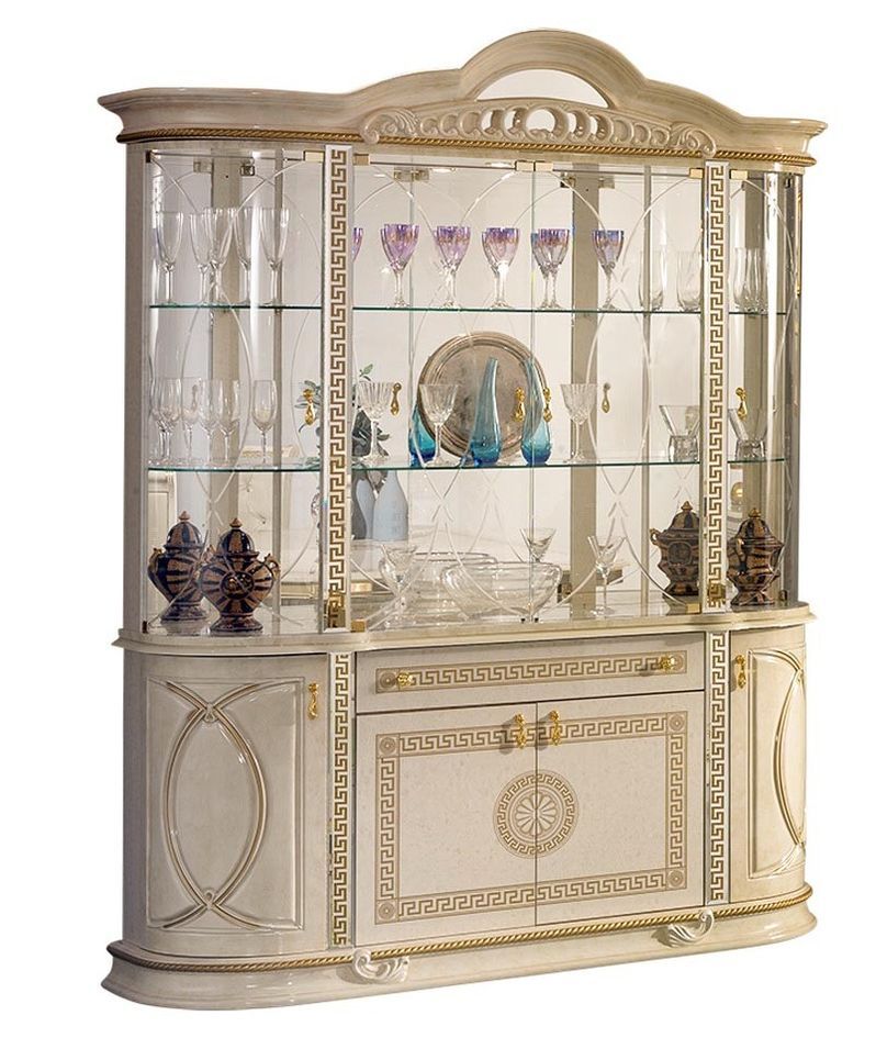 Vitrine 8 portes 1 tiroir bois vernis laqué brillant beige et doré Venus 163 cm - Photo n°1