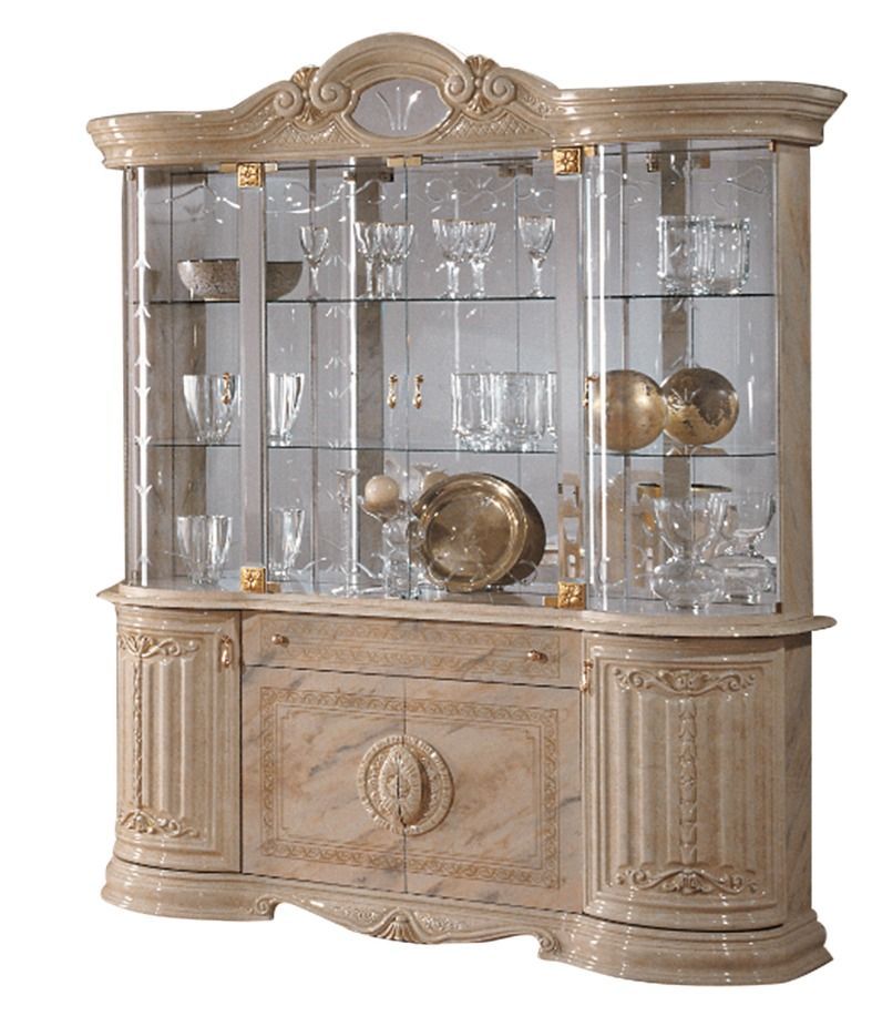 Vitrine 8 portes 1 tiroir bois vernis laqué brillant beige et onyx effet marbré Lesly 173 cm - Photo n°1