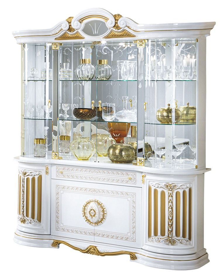 Vitrine 8 portes 1 tiroir bois vernis laqué brillant blanc et doré Lesly 173 cm - Photo n°1