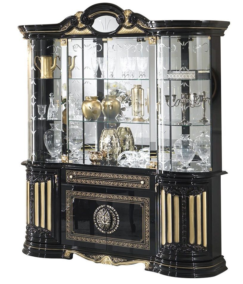 Vitrine 8 portes 1 tiroir vernis laqué brillant laqué noir et doré Lesly 173 cm - Photo n°1