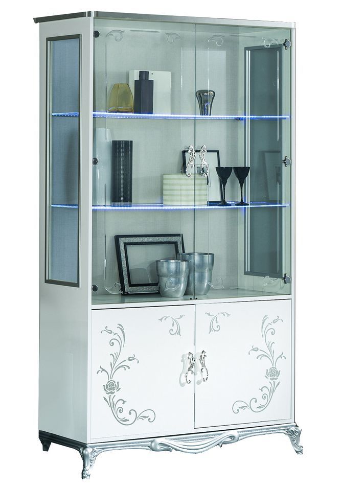 Vitrine à LED 4 portes bois laqué blanc et argent Dannie - Photo n°1