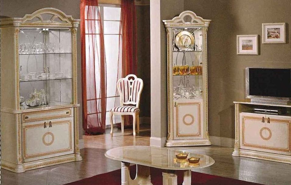 Vitrine d'angle 2 portes bois laqué beige effet marbré Irina - Photo n°1