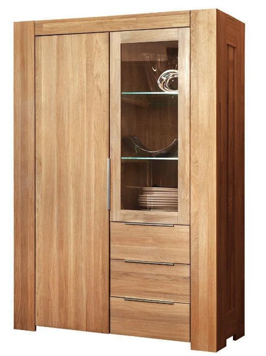 Vitrine en chêne massif 2 portes 3 tiroirs Nordo 130 cm - Photo n°1