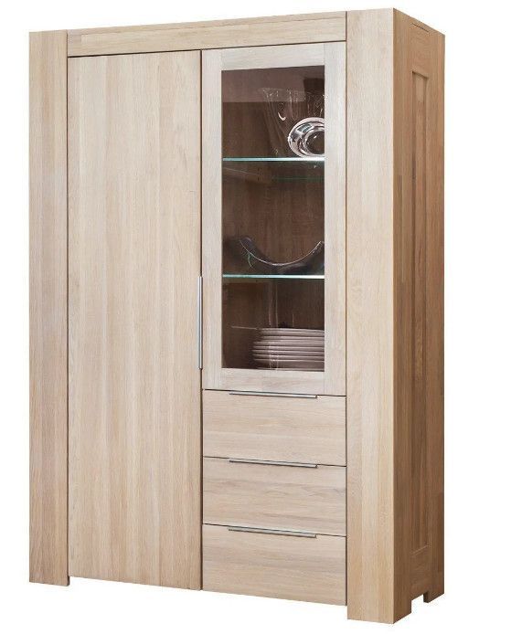 Vitrine en chêne massif blanchi 2 portes 3 tiroirs Nordo 130 cm - Photo n°1