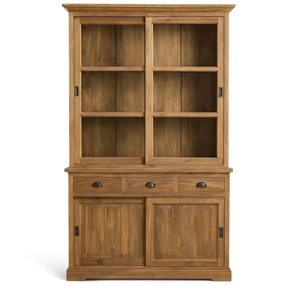 Vitrine en teck FEROE TEKA – 3 tiroirs & 2 portes coulissantes - Photo n°1