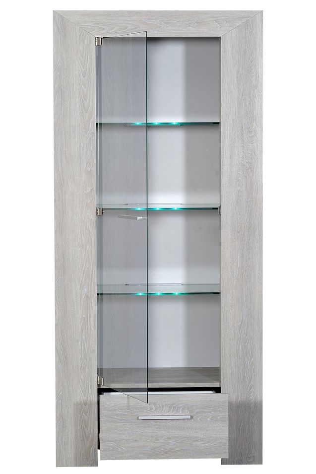 Vitrine avec éclairage à Led 1 porte 1 tiroir bois chêne cérusé gris Kathy 80 cm - Photo n°1