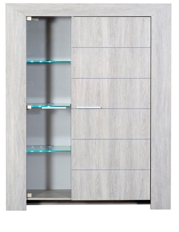 Vitrine avec éclairage à Led bois chêne cérusé gris Kathy 130 cm - Photo n°1
