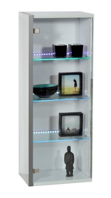 Vitrine lumineuse suspendue 1 porte verre et bois laqué blanc Kartz - Photo n°1