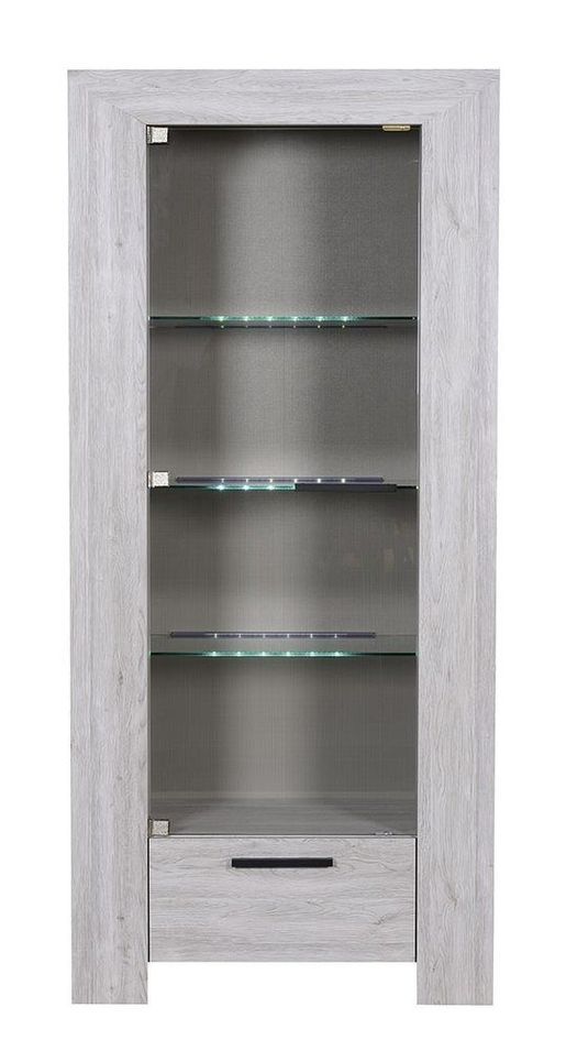 Vitrine lumineux 1 porte 1 tiroir bois de chêne gris Maeva - Photo n°1