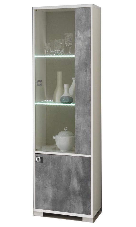 Vitrine moderne 1 porte vitrée à Led gris béton et blanc brillant Sting 60 cm - Photo n°1
