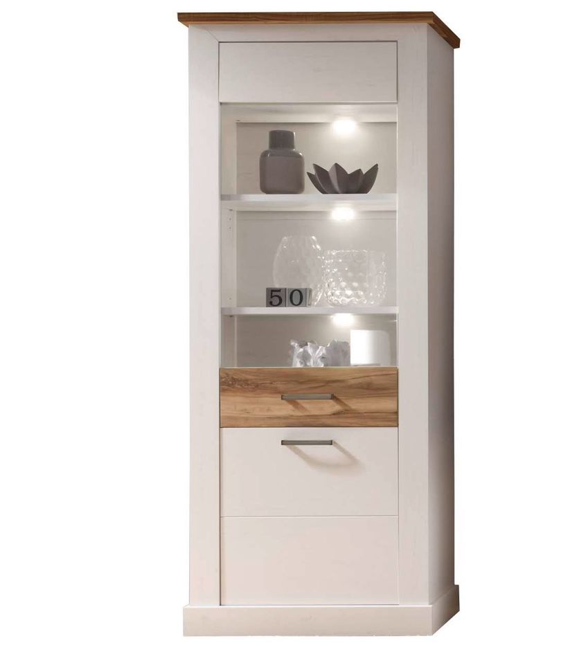 Vitrine style maison de campagne pin blanc et noyer satiné Kampa 80 cm - Photo n°1