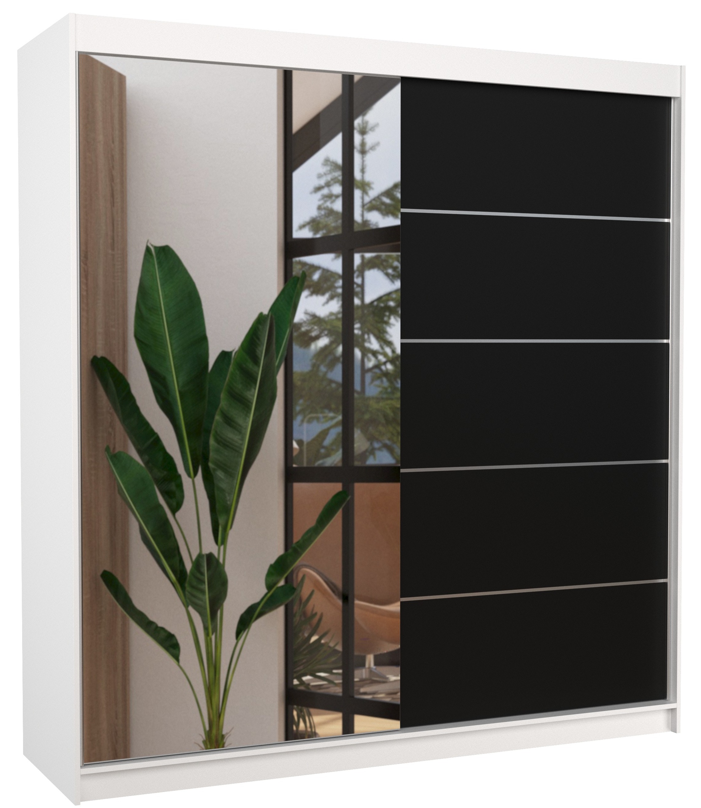 Armoire Chambre Adulte 2 Portes Coulissantes Bois Noir Et Blanc Brillant Et Miroir Tifany 180cm