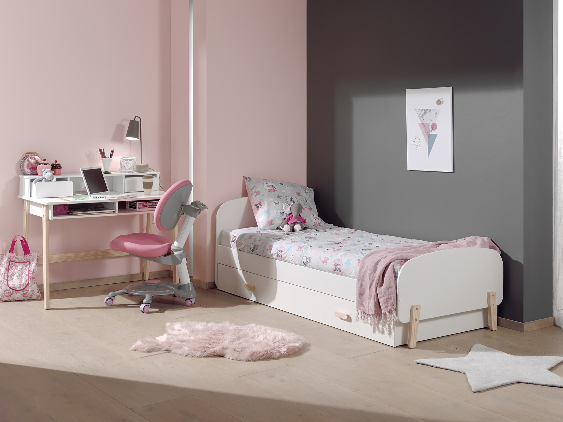 Vipack - Chambre enfant 4 pièces lit rambarde chevet et coffre bois laqué  vert et pin clair Kiddy 90x200 cm