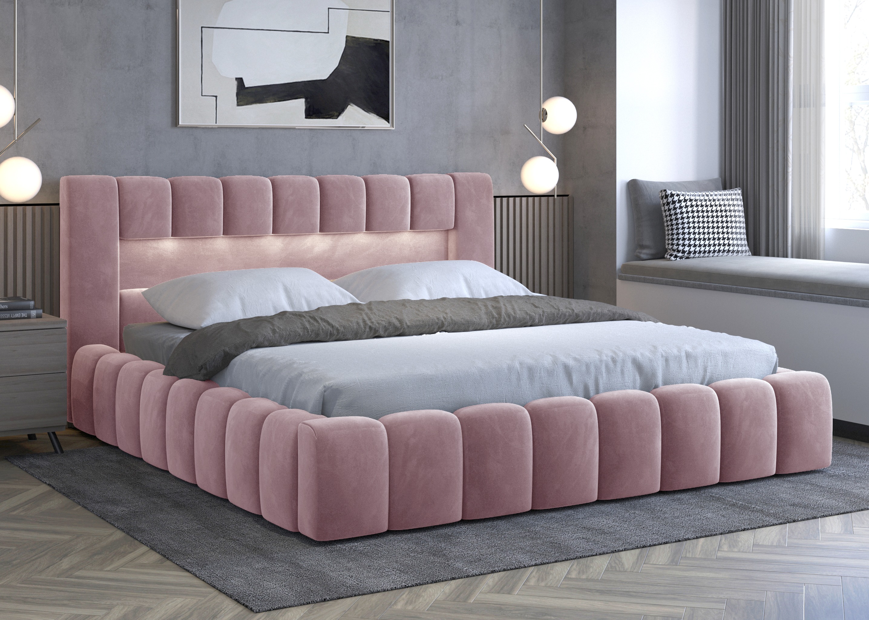 Lit coffre de luxe velours capitonné Mister-Couleur Rose poudré-Couchage  160x200 cm