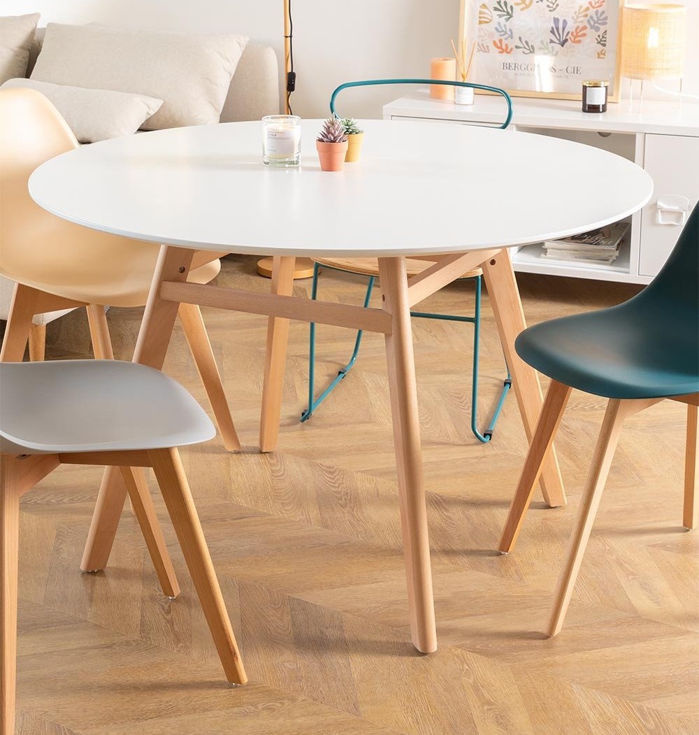 Table ronde 100 cm scandinave blanche et pieds bois clair Bristol